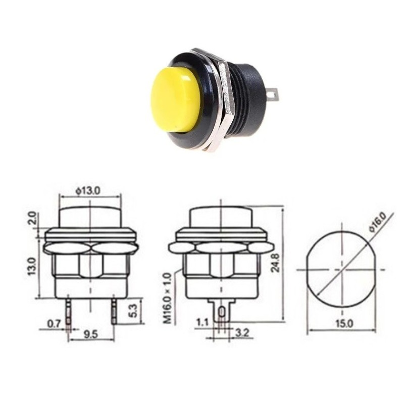 Chave push button R13-507 M16 02 terminais amarelo