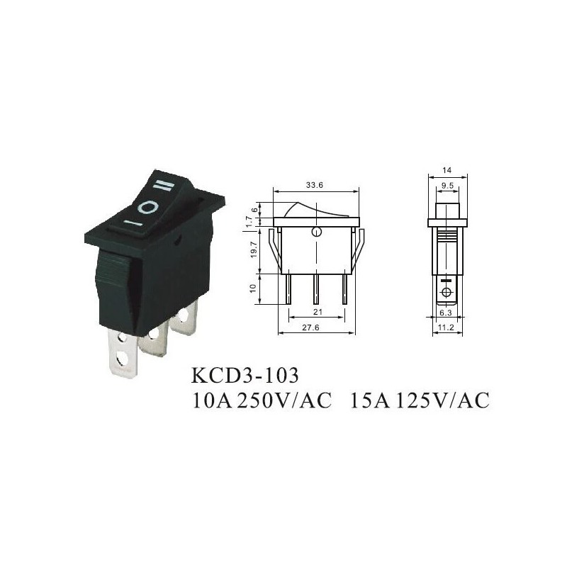 Chave gangorra on off on 15A 250V~ 3T preta - KCD3-103