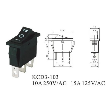 Chave gangorra on off on 15A 250V~ 3T preta - KCD3-103