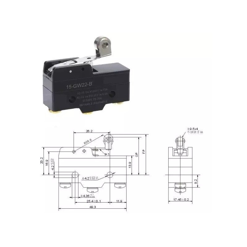 Chave micro switch haste c/roldana Z-15GW22-B 15A 250Vca
