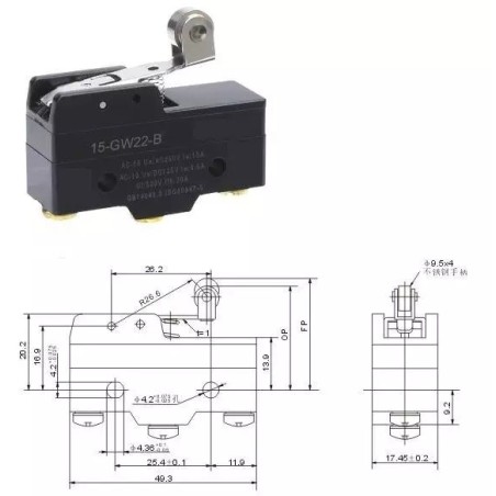Chave micro switch haste c/roldana Z-15GW22-B 15A 250Vca