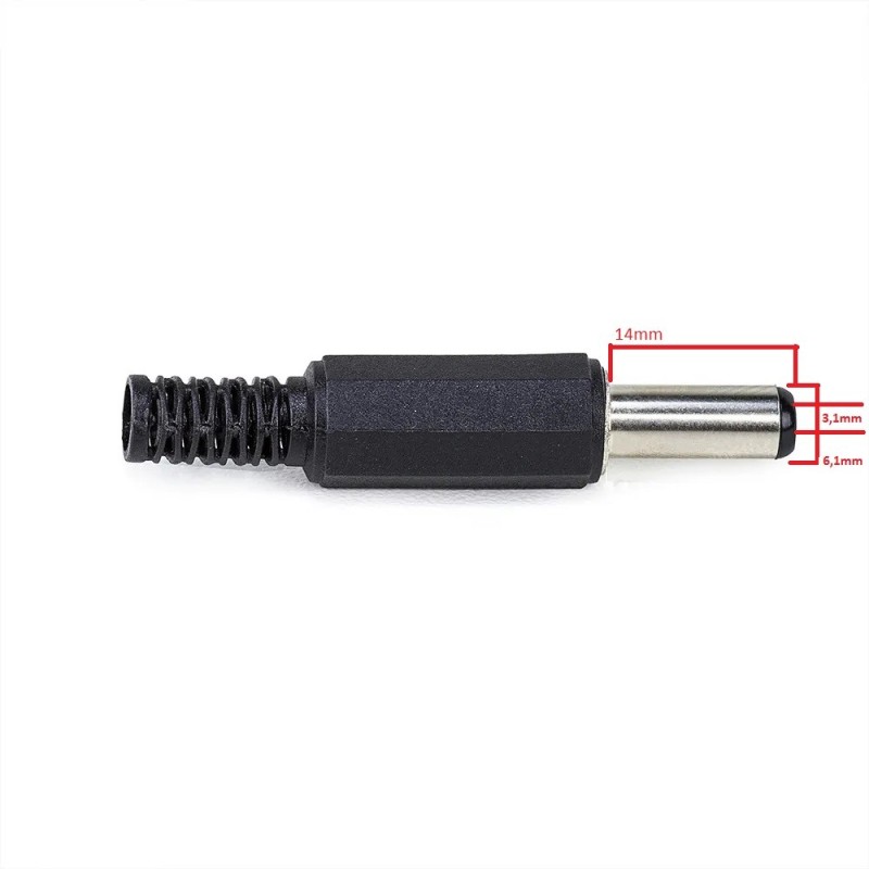 Plug P4 DC longo 3,1mm furo (3,1mm x 6,1mm x 14mm) cabo