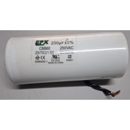 Capacitor de partida 200uF x 250Vac CBB60 120x55mm 5% 50/60hz