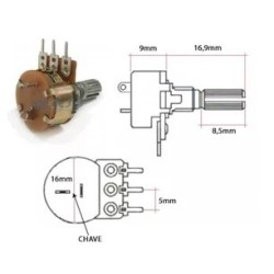 Potenciometro 10KB carvão 16mm c/chave estriado