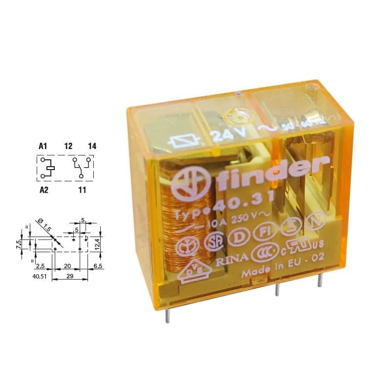Relé 24Vca 10A 1 contato reversivel 40.31.8.024 - Finder