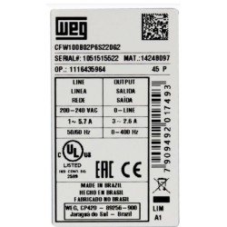 Inversor de frequencia weg CFW100 mono 0,50cv 2,6A 200-220Vca